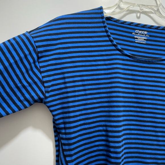 Chico's Top  Blue Striped Ultimate Tee Pima Cotton Side Slit 3/4 Sleeve size M/8 - Picture 3 of 9